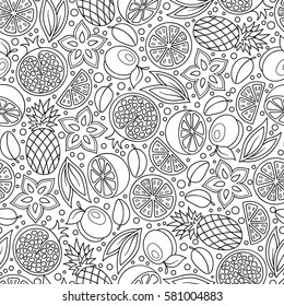 Funny black and white cartoon seamless pattern of orange fruit. Coloring book page. Adult antistress therapy.