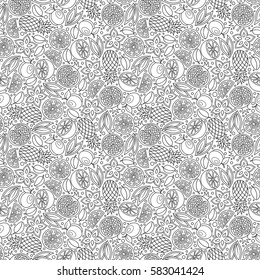 Funny black and white cartoon seamless pattern of orange fruit. Coloring book page. Adult antistress therapy.