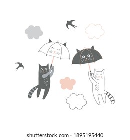 Funny black and white cat with cute kawaii umbrella fly in the sky vector illustration. Rainy weather graphics for Scandinavian childish nursery design.