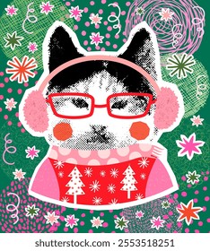 Funny black and white cat with glasses and Christmas sweater with snowflakes, Cute kitty design for winter holiday posters and banners