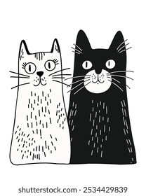 Funny black and white cats in flat cartoon style, doodle style, hand-drawn, on a white background