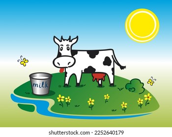 Funny black and white cow. Vector illustration.