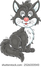 Gato doméstico blanco y negro divertido con una cola esponjosa, ilustración de dibujos animados de Vector aislado en un fondo blanco