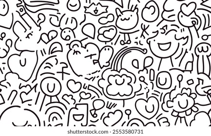 Funny Black and White Doodle Pattern with Quirky Cartoon Faces vector art for digital backgrounds and prints media 