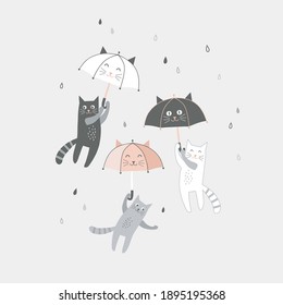 Funny black white grey cat with cute kawaii umbrella fly in the sky vector illustration. Rainy weather graphics for Scandinavian childish nursery design.