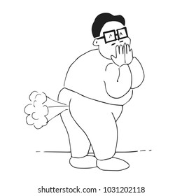 A funny black and white illustration of a fat man passing gas and covering his mouth in embarrassment.