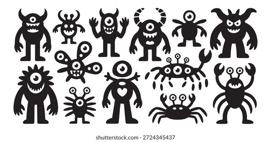 Engraçado conjunto de monstros preto e branco. bonitas criaturas de desenhos animados. bizarra coleção de personagens alienígenas