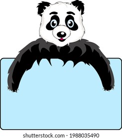 funny black and white panda bear leaning on a banner, a card where you can write, isolated on a white background