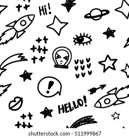 Funny black and white pattern with doodle, aliens, comets, stars, lips, eyes. Vector illustration.