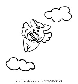 funny black and white piglet with cloudlet and harp