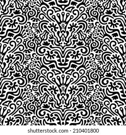 Funny Black White Seamless Pattern with Flowers, Leaves, Hearts. Unusual graphic print for wallpaper, furniture, fabric, fashionable textile. Vector interior floral background.