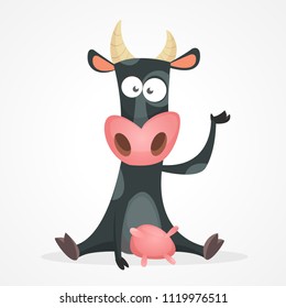 Funny black and white spotted cow character pointing to something, cartoon vector illustration isolated on white background. Funny cow character drawing attention to something