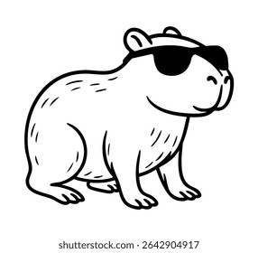 Funny black and white vector illustration of a capybara in sunglasses. Minimalist cartoon line art, perfect for summer-themed designs, stickers, logos, apparel prints, and digital products.