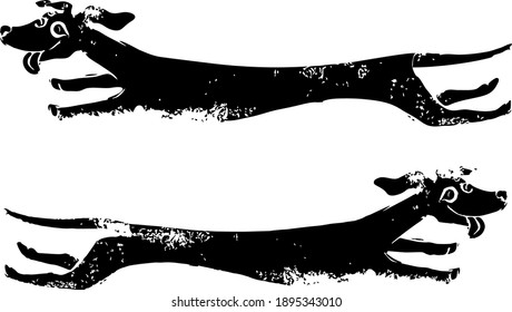 Funny black and white vintage stylized vector illustration of two happy dogs. Textured hand carved linocut print of positive dachshund puppies running tongues out