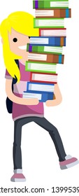 Funny blond girl student carries a heavy stack of books. problems of teaching children. comic situation. textbooks and notebooks of women - Cartoon flat illustration