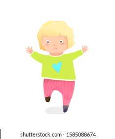 Funny Blonde Kid Girl wearing pants running jumping Hand drawn Cartoon. Little preschooler girl running joyful. Isolated clipart vector kids illustration.