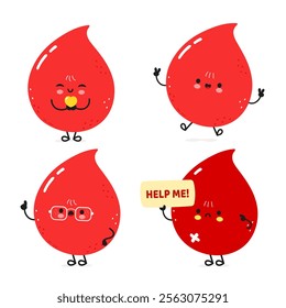 Funny blood drop characters bundle set. Vector hand drawn doodle style cartoon character illustration icon design. Cute blood drop mascot character collection