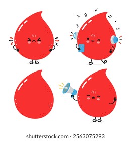 Funny blood drop characters bundle set. Vector hand drawn doodle style cartoon character illustration icon design. Cute blood drop mascot character collection