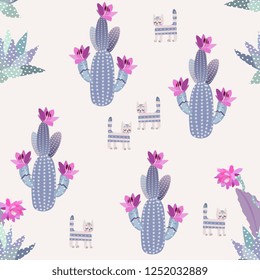 Funny blooming cacti with cartoon faces, succulents and dreamy cats isolated on light background in vector. Seamless pattern.