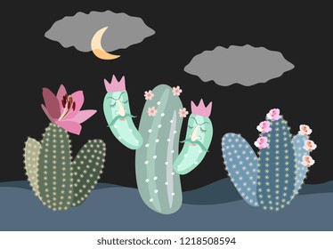 Funny blooming cacti in night desert.