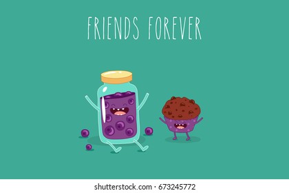 Funny blubbery jam and muffin. Vector cartoon. Breakfast. Friends forever. You can use in the menu, in the shop, in the bar, the card or stickers. Easy to edit.