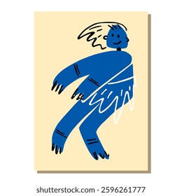 Funny blue abstract man. Dancing geometric creature . The native. Vector illustration hand-drawn.
