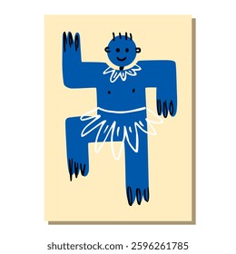 Funny blue abstract man. Dancing geometric creature . The native. Vector illustration hand-drawn.