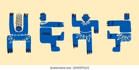 Funny blue abstract men. Dancing geometric creatures . The natives. Vector illustration hand-drawn.