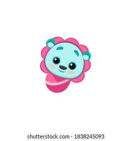 funny blue baby bear in pink swaddling clothes, sticker for printing, emoticon for social networks, mascot, vector eps 10 isolated on white cute toy for kids