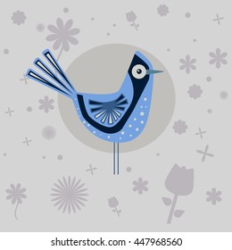 funny Blue Bird and the flowers