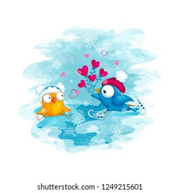 A funny blue bird in a hat rides on skates and gives a bunch of hearts to a cute yellow bird. Vector illustration.