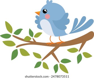 Funny blue bird on branch of tree with green leaves
