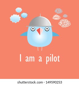 funny blue bird on a red background with clouds 