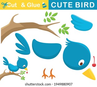 Funny blue bird perch on tree branches with fruit in it beak. Education paper game for children. Cutout and gluing. Vector cartoon illustration