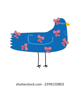 Funny blue bird with red bows. Fashion cartoon print. Vector hand drawn illustration.