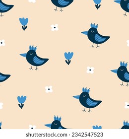 Aves azules divertidas y pequeñas flores dibujaron a mano ilustraciones vectoriales. Pollo lindo en un estilo plano sin fisuras para tela infantil o papel tapizado.