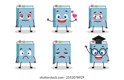 funny blue book character with different pose activity design illustration