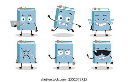funny blue book character with various pose activity design illustration