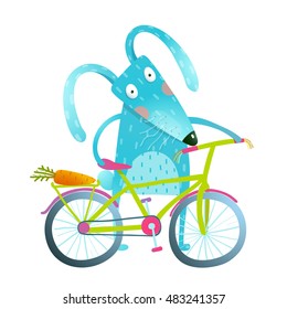 Funny blue bunny with bicycle and carrot in trunk. Cute rabbit bicyclist. Isolated cartoon character for children. Vector illustration