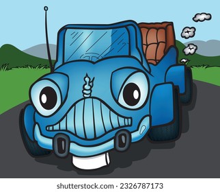 Funny Blue Car with Eyes - Colored Cartoon Illustration with Background, Vector