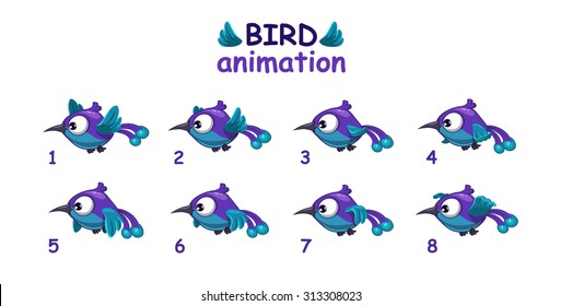 Funny blue cartoon bird flying storyboard, separated frames for animation