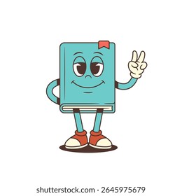 Funny blue cartoon book mascot standing with one hand behind back and the other hand showing a peace sign, expressing cheerful educational emotion. Vector illustration