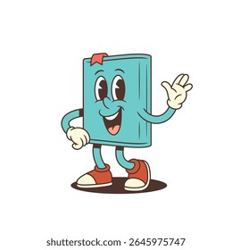 Funny blue cartoon book mascot smiling cheerfully and waving hand in a welcoming gesture. Friendly and expressive character design with joyful emotion. Isolated on white. Vector illustration
