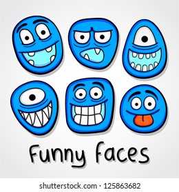 Funny blue cartoon faces.