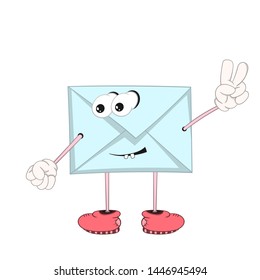 Funny blue cartoon letter with eyes, arms and legs in shoes smiles and shows victory sign with fingers.
