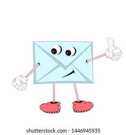 Funny blue cartoon letter with eyes, arms and legs in shoes shows an approving gesture with his hand.