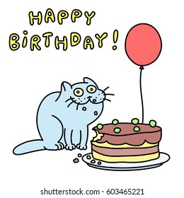 Funny blue cat with a cake and a balloon congratulates. Happy Birthday. Vector illustration