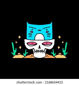 Funny blue cat inside skull head, illustration for t-shirt, sticker, or apparel merchandise. With modern doodle art.