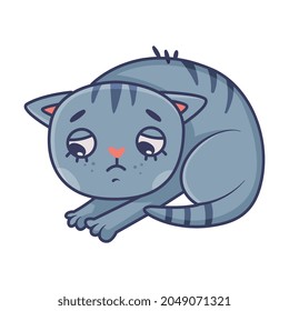 Funny Blue Cat with Striped Tail Having Guilty Look Bending Head Vector Illustration