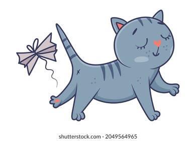 Gracioso gato azul con vectores de juego de cola a rayas Ilustración de vectores
